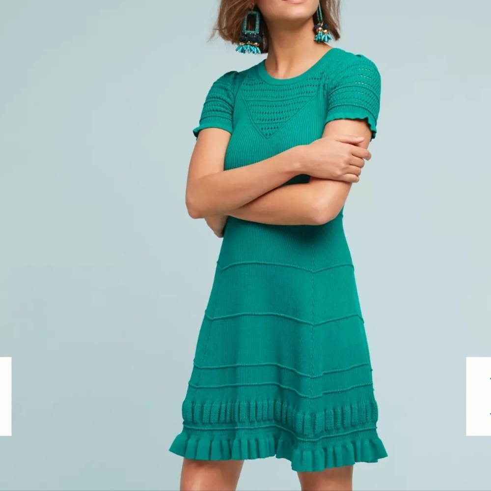 Anthropologie Maeve Promenade Pointelle Green Knit Dress Size Med
